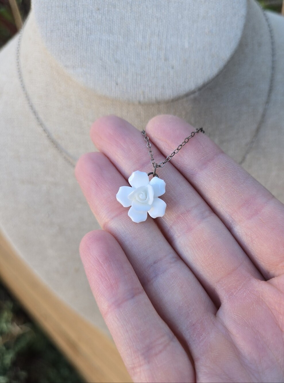 White Porcelain Rose Pendant Necklace On Sterling Silver Chain 3D